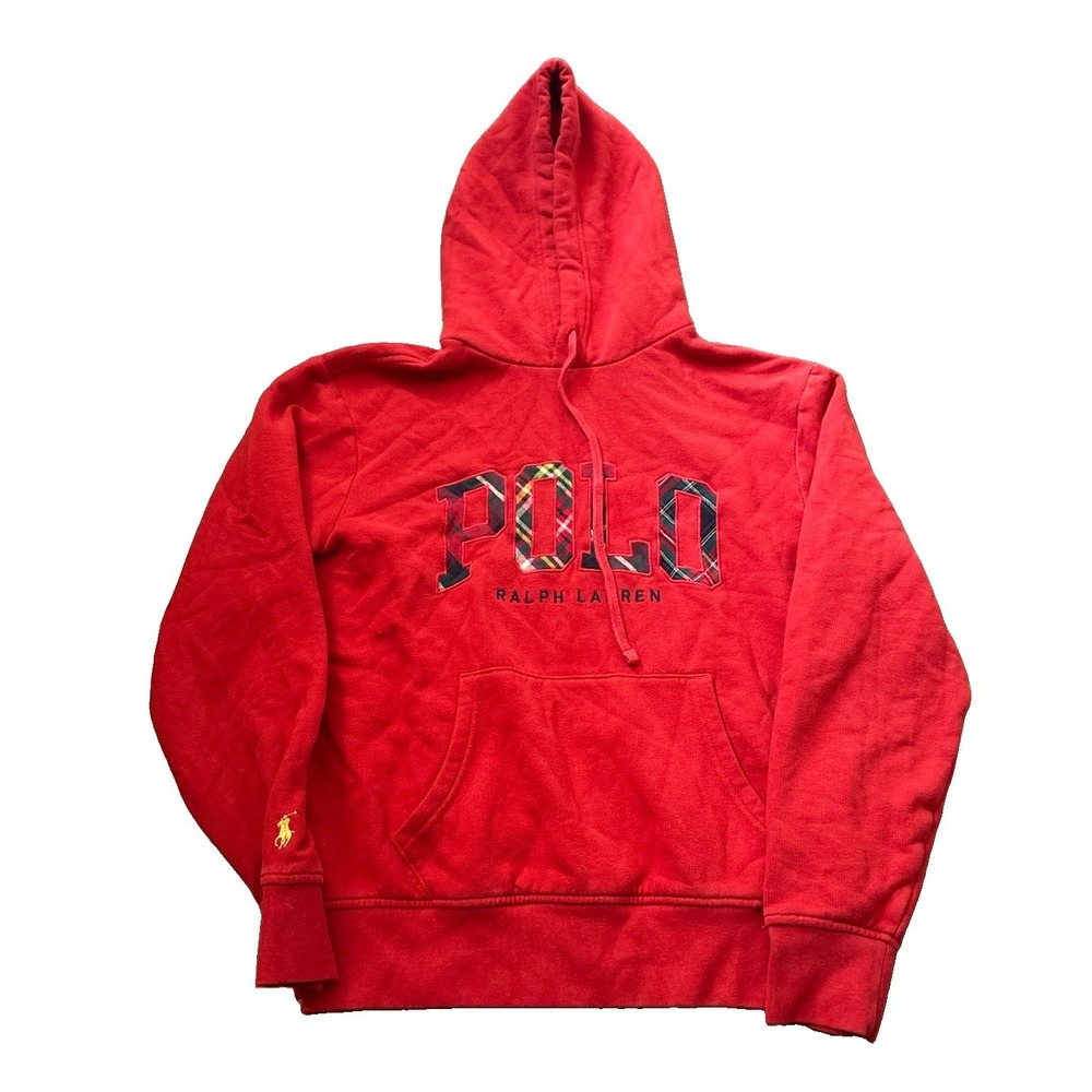 Polo Ralph Lauren Red Plaid Applique Logo Fleece Hoodie Sweatshirt Men's Small
